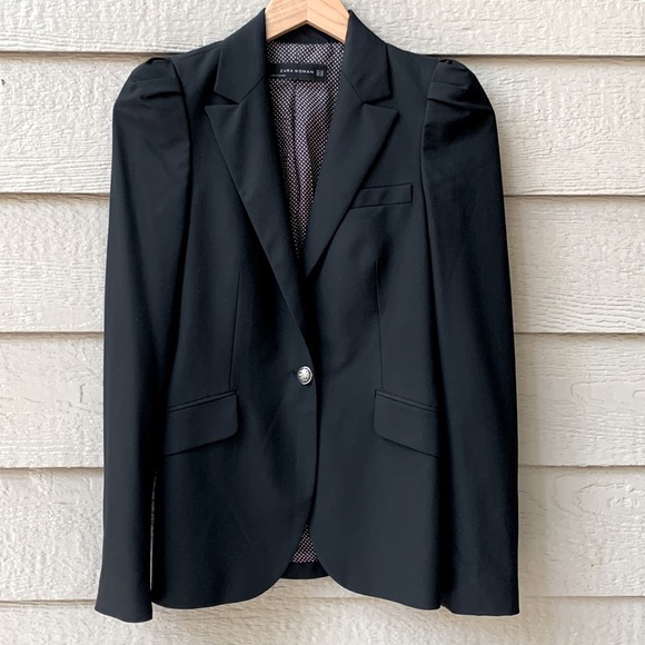 Zara Black Blazer Feminine Ruched Shoulder One Button - Picture 1 of 7